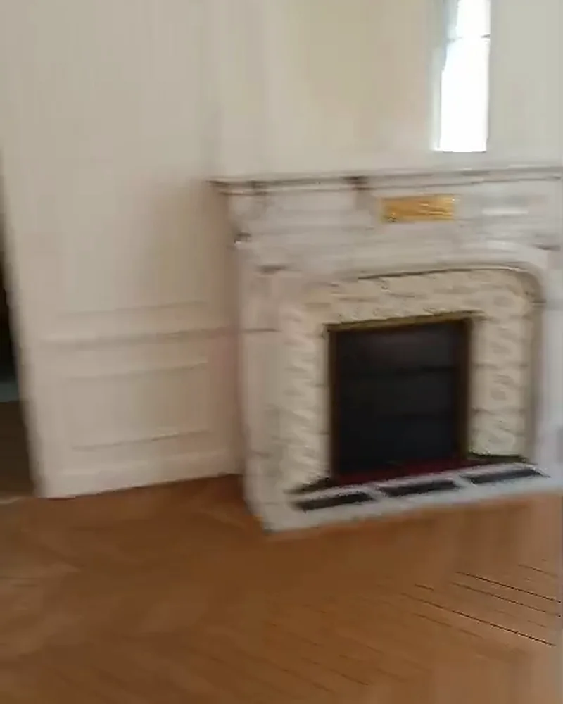 Cheminée en marbre conservée et parquet en chevrons